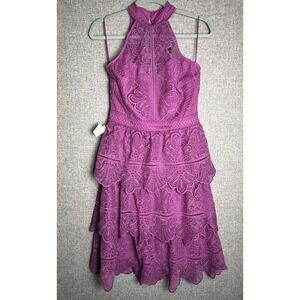 Lipsy Premium Pink Fuscia Tiered Ruffle Lace Sleeveless Halter Neck Dress 6/Med